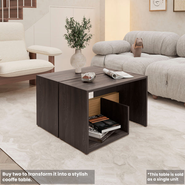 English Elm FM Vega Side Table Melamine Espresso & Natural Oak – Compact 3-Room Nightstand with Open Shelves, Sturdy Storage, 24.9"H B128P293871