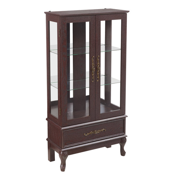 English Elm Curio Lighted Glass Display Cabinet with Adjustable Shelves, Vintage Drawer & Carved Metal Handle, Dark Finish Cherry W2275P199813