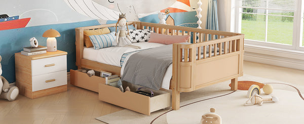 English Elm Twin Solid Wood Platform Bed with Guardrail for Kids, Low-Profile Sturdy Pine Frame, Safe Sleep Solution Natural 69.69 L x 18.5 W x 7.68 H W2593P331680