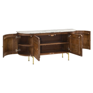 English Elm Feast Natural 4-door Sideboard Buffet Cabinet with White Marble Top, Mango Wood, Brass Inlay, 63" B062P342730