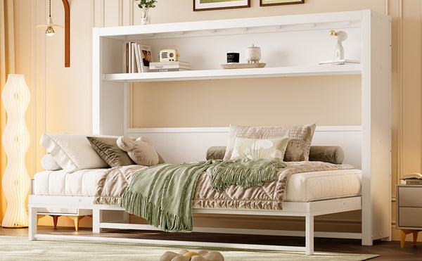 English Elm Twin Size Murphy Bed With Shelves - Space-Saving Metal Wall Bed Design For Stylish Small Rooms W1580S00275-GIGA