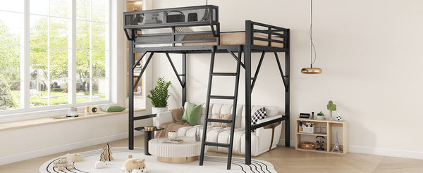 English Elm Full Size Loft Bed with Ladder & Built-In Shelves, Sturdy Metal High Loft for Kids Teens Black W2580P316646