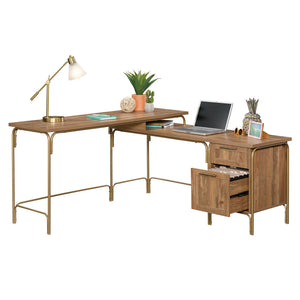 English Elm L-Shaped Desk In Warm Brown & Gold Finish - Perfect For Home Offices, Gaming, And Small Spaces! B356P354450