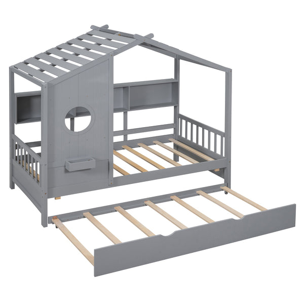 English Elm Wooden Twin House Bed with Trundle and 3 Back Shelves, Pine Frame Playful Loft Design for Kids Gray 41.7 L x 16.25 W x 6 H N733S316110E