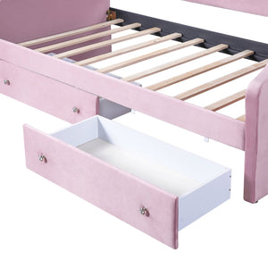 English Elm Twin Upholstered Daybed with Built-In LED & 2 Drawers, Velvet Platform Bed with Solid Wood Frame, Modern Curved Backrest, Twin Size, No Box Spring Needed Pink N7500001851H
