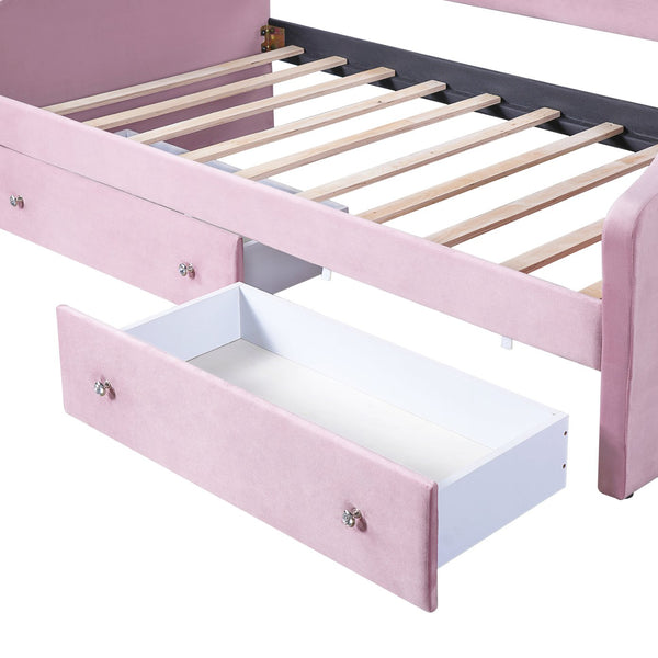 English Elm Twin Upholstered Daybed with Built-In LED & 2 Drawers, Velvet Platform Bed with Solid Wood Frame, Modern Curved Backrest, Twin Size, No Box Spring Needed Pink N7500001851H