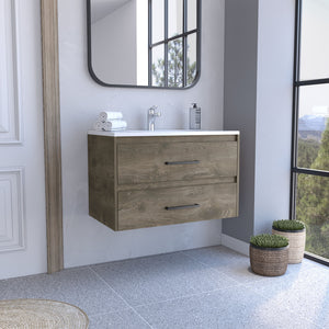 English Elm Praga Floating Vanity Sink with 2 Drawers Dark Brown White — Wall-Mount Compact Luxury Sink Unit B200S00393