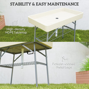 English Elm Outdoor Folding Drink Station Table with Built-in Ice Sink and Steel Frame Tan T3971P446144