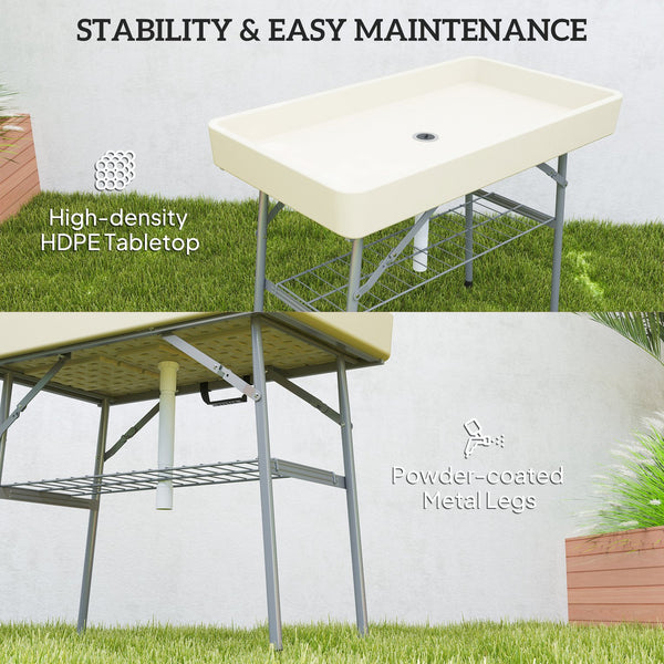 English Elm Outdoor Folding Drink Station Table with Built-in Ice Sink and Steel Frame Tan T3971P446144