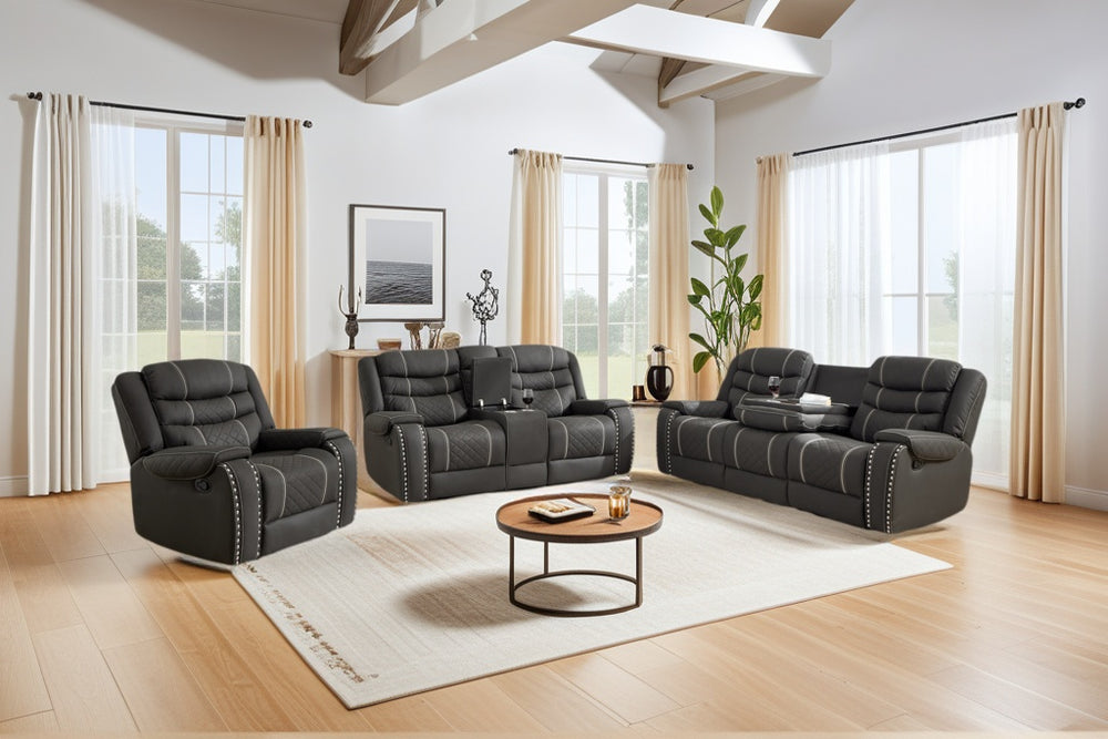 English Elm Recliner Sofa Set Microfiber Club Style with Nail Head Trim for Living Room Theater W3900S00006