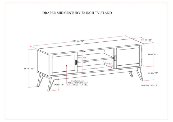 English Elm Draper Teak Mid Century 72" TV Stand for TVs up to 80" — Solid Rubberwood, Cable Management, Brass Hardware B136P203484