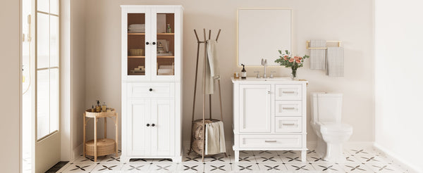 English Elm 67.57" Tall Matte Cabinet Vanity Combo with Glass Doors Soft-close Drawers Sink White N729P000033K