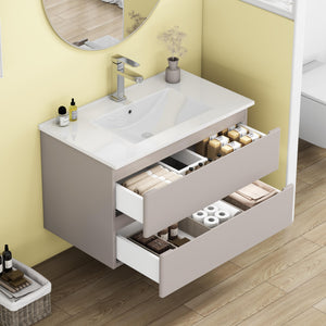 English Elm 32-Inch Wall-Mounted Bathroom Vanity With Soft-Close Drawers, Ceramic Sink & Modern Mocha Gray Finish W3151S00048