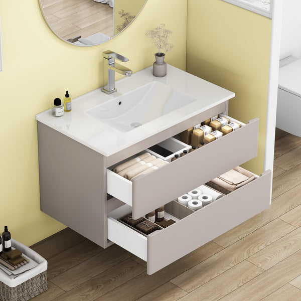 English Elm 32-Inch Wall-Mounted Bathroom Vanity With Soft-Close Drawers, Ceramic Sink & Modern Mocha Gray Finish W3151S00048