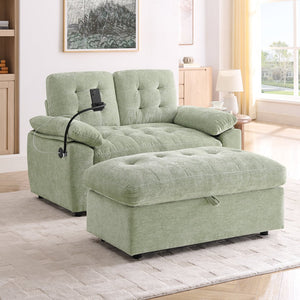 English Elm Leisure Chenille Two Seat Reclining Sofa with Usb Port Storage Ottoman Padded Armrests Cyan W487S00517