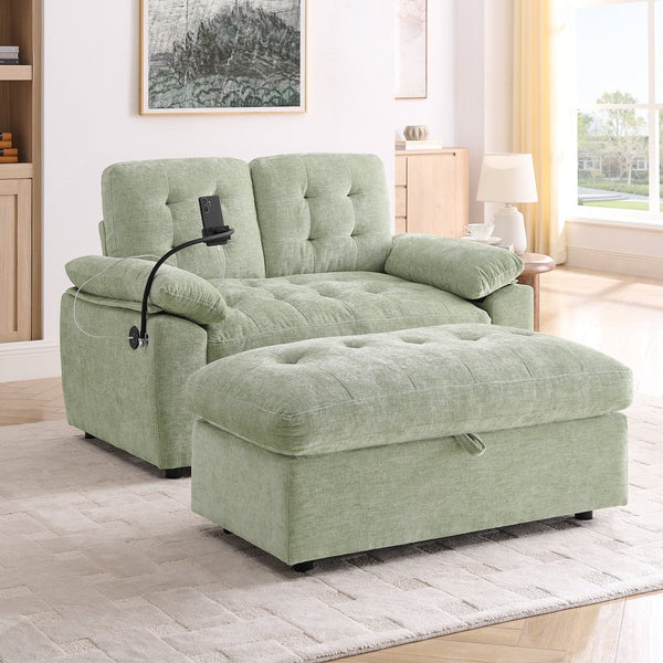 English Elm Leisure Chenille Two Seat Reclining Sofa with Usb Port Storage Ottoman Padded Armrests Cyan W487S00517