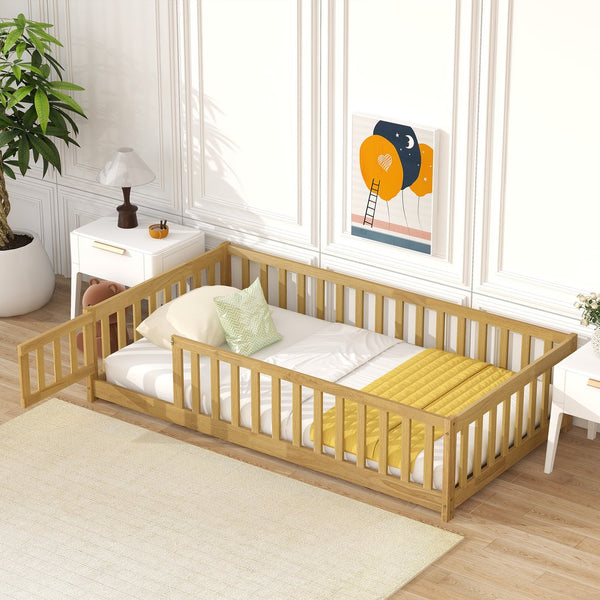 English Elm Twin Solid Rubberwood Floor Bed with Full Perimeter Safety Rails for Toddler Rooms Natural W504P296778