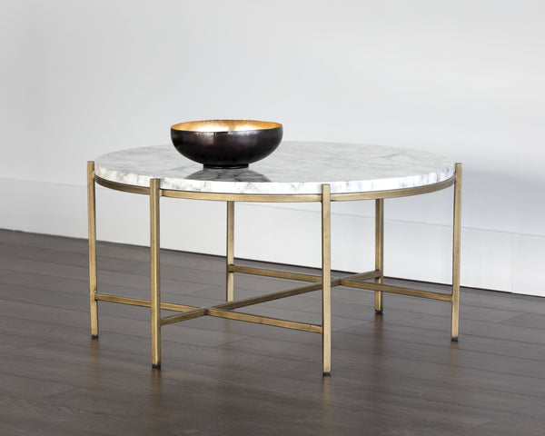 Sunpan Solana Coffee Table – Stunning Marble Look Top with Antique Brass Base for Modern Living Spaces Round - 34W x 34D x 16H