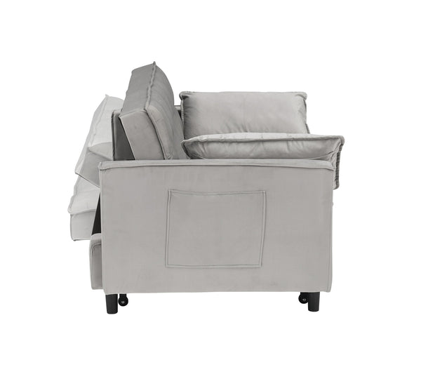 English Elm Modern Velvet Loveseat Futon Sofa Bed 3-in-1 Convertible Small Sleeper Couch with Recline, Pillows, Pockets, Beige Gray W3371P315000