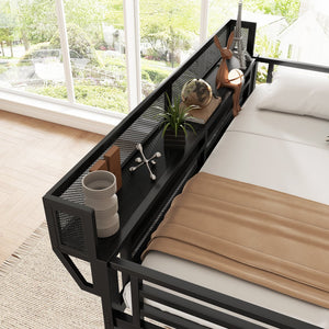 English Elm Twin Twin Size Loft Bed with Stairs and Built-In Shelves, Metal High Loft with Wardrobe for Kids Teens Black W2580S00035