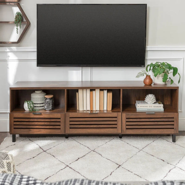 English Elm Walker Edison - Modern Boho Slatted 2-Door 1-Drawer 70 TV Stand Dark Walnut — Transitional, Durable, Fits 85" TVs B185P244257