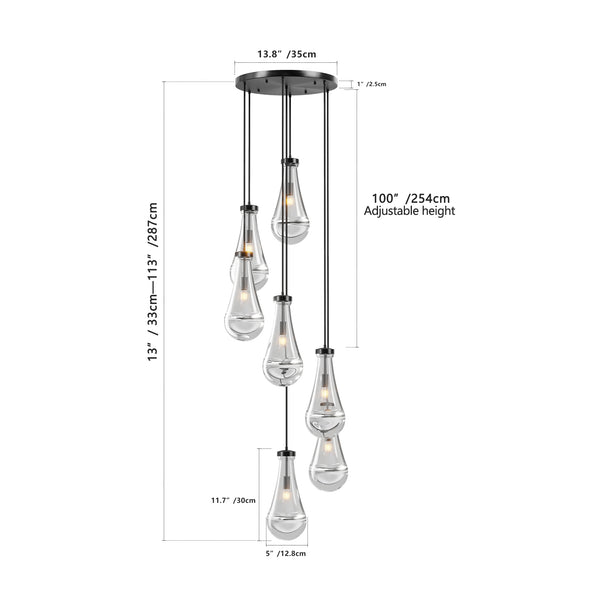 English Elm 7 Modern Raindrop Chandelier with 7 Glass Shades, Adjustable Height Semi-Flush Mount for Dining Room Black W2312P389956