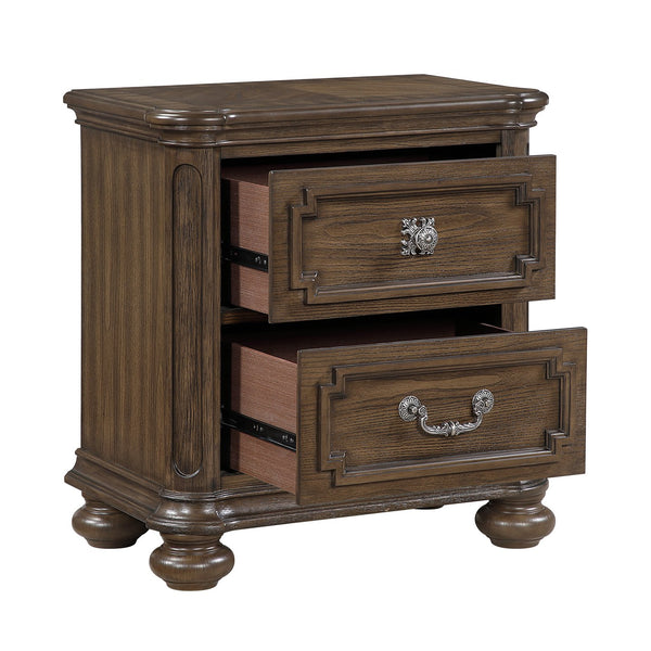 English Elm Traditional Oak Veneer Nightstand with Walnut Inlay Two Drawers Antique Nickel Bedroom B011P490016