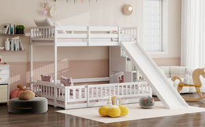 English Elm Twin Over Full Bunk Bed Solid Pine Frame with Built-in Slide and Storage Staircase White W504S00290