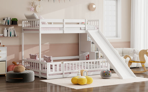 English Elm Twin Over Full Bunk Bed Solid Pine Frame with Built-in Slide and Storage Staircase White W504S00290