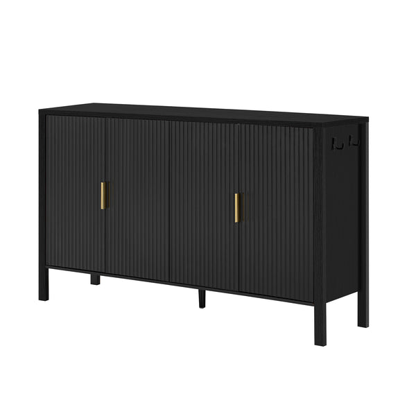 English Elm U_style Striped Four Door Sideboard Mdf Buffet Cabinet with Adjustable Shelves for Dining Black N711P345170B