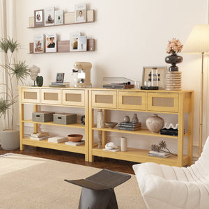 English Elm 43.3" Farmhouse Console Table Rattan Drawer Fronts Open Shelving Entryway Storage Natural Wood T3210P426416