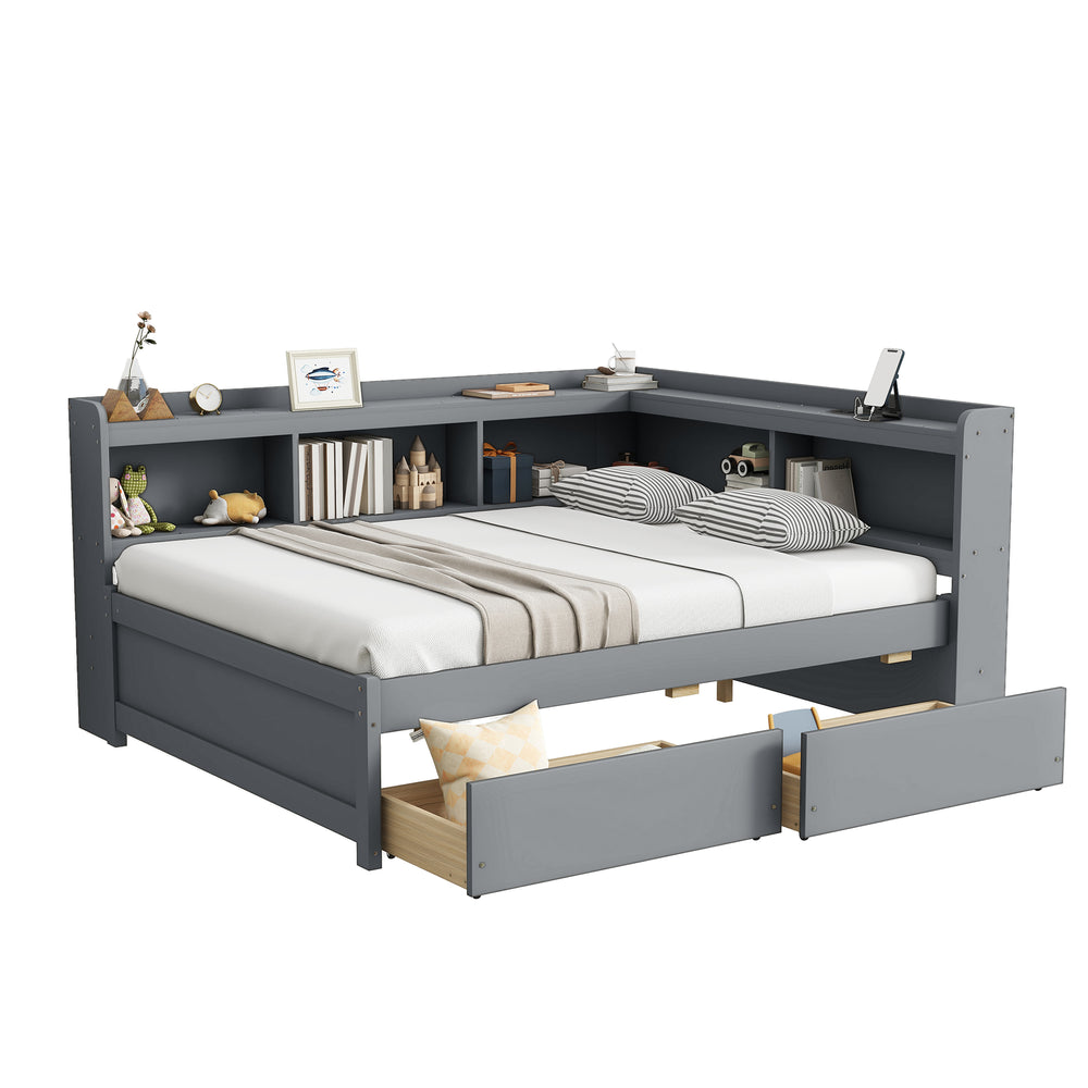 English Elm Full Size L-Shaped Bed With Bookcases, Usb Ports & Drawers - Space-Saving Grey Bedroom Solution W504S00245