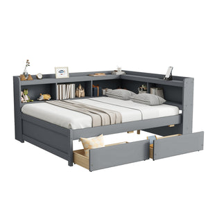 English Elm Full Size L-Shaped Bed With Bookcases, Usb Ports & Drawers - Space-Saving Grey Bedroom Solution W504S00245