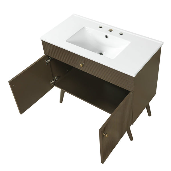 English Elm 36" Freestanding Bathroom Vanity Striped Mdf Cabinet Brass Hardware Ceramic Basin N765P387198D