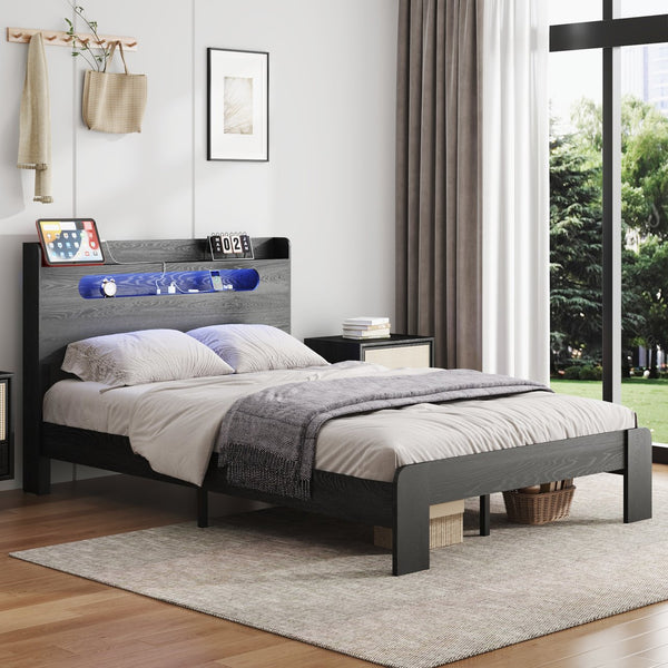 English Elm Bed Frame Queen Size - Modern Wood Platform Bed With Led Headboard, Usb Ports & Under-Bed Storage W636P277309
