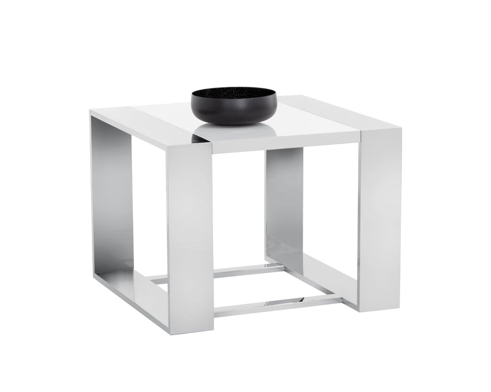 Sunpan DALTON Modern End Table - High-Gloss White Top & Polished Stainless Steel Frame - Stylish & Durable 101649