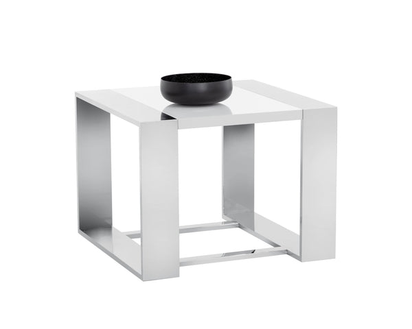 Sunpan DALTON Modern End Table - High-Gloss White Top & Polished Stainless Steel Frame - Stylish & Durable 101649