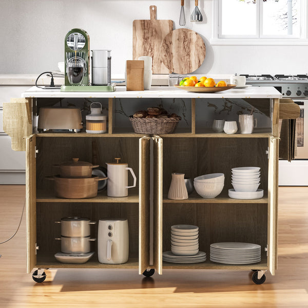English Elm K&k Fluted Rolling Kitchen Island Faux Marble Top Power Outlet Storage Drawers Natural N707P353934Y