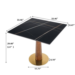 English Elm Modern Square Dining Table, 33.5" Sintered Stone Top With Elegant Wooden Legs & Gold Base, Ideal For Small Spaces And Two-Person Dining W1535S00570