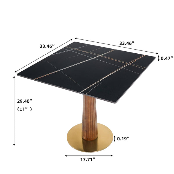 English Elm Modern Square Dining Table, 33.5" Sintered Stone Top With Elegant Wooden Legs & Gold Base, Ideal For Small Spaces And Two-Person Dining W1535S00570
