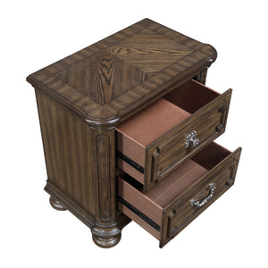 English Elm Traditional Oak Veneer Nightstand with Walnut Inlay Two Drawers Antique Nickel Bedroom B011P490016