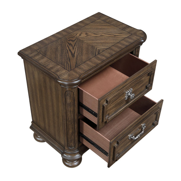 English Elm Traditional Oak Veneer Nightstand with Walnut Inlay Two Drawers Antique Nickel Bedroom B011P490016