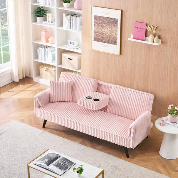 English Elm Minimalist Corduroy Sofa with Adjustable 3-Angle Recline, Dual Cup Holders, Solid Wood Frame Pink W1658P251971