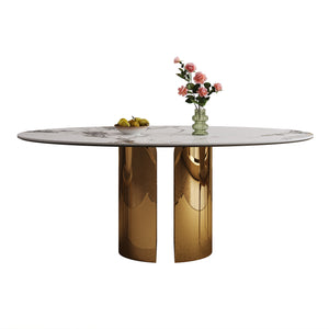 English Elm 70.9-Inch Sintered Stone Oval Dining Table With Copper Base – Modern, Sturdy, Family-Friendly Design! W509S00150