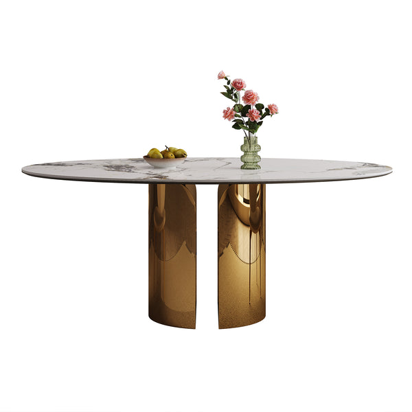English Elm 70.9-Inch Sintered Stone Oval Dining Table With Copper Base – Modern, Sturdy, Family-Friendly Design! W509S00150