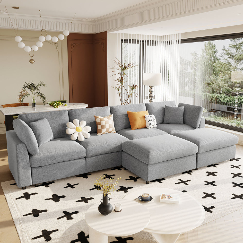 English Elm U_style Six Seat Chenille U Shaped Sectional Modular Sofa with Movable Ottomans Grey WY000474AAE