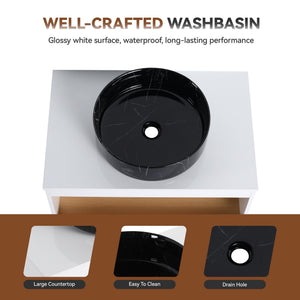 English Elm 30" Floating Wall Mount Bathroom Vanity Open Shelf Ceramic Vessel Sink Modern White White + Light Oak,White+Black W3450S00060