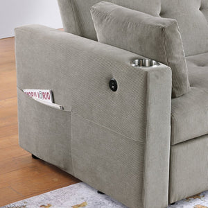 English Elm Corduroy Tufted Convertible Sleeper Loveseat with USB Ports, Cupholders, Magazine Pockets, Gray B016P406016