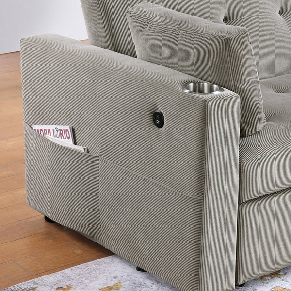 English Elm Corduroy Tufted Convertible Sleeper Loveseat with USB Ports, Cupholders, Magazine Pockets, Gray B016P406016