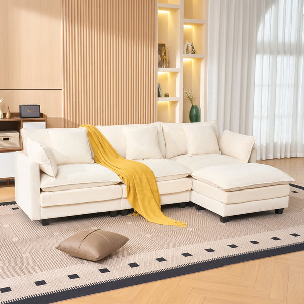 English Elm Beige Chenille Sectional Sofa with Modular Ottoman for Living Room or Studio Beige W2603S00001
